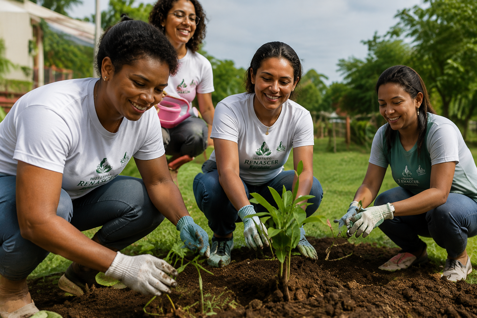 Mulheres plantando e cuidando de mudas
