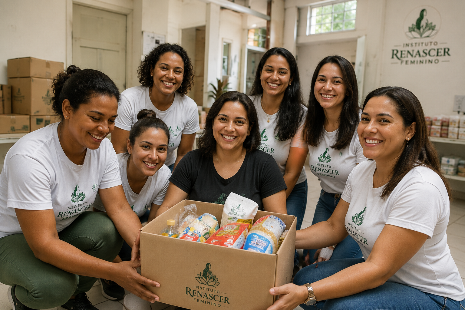 Mulheres reunidas em uma ação solidária