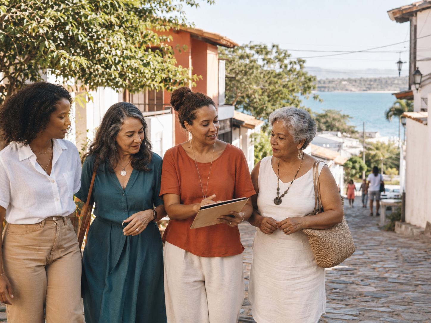 Mulheres colaborando em uma comunidade costeira